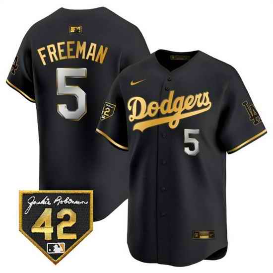 Men Los Angeles Dodgers 5 Freddie Freeman Black Gold With Jackie Robinson Patch Limited Stitched Baseball Jersey 925