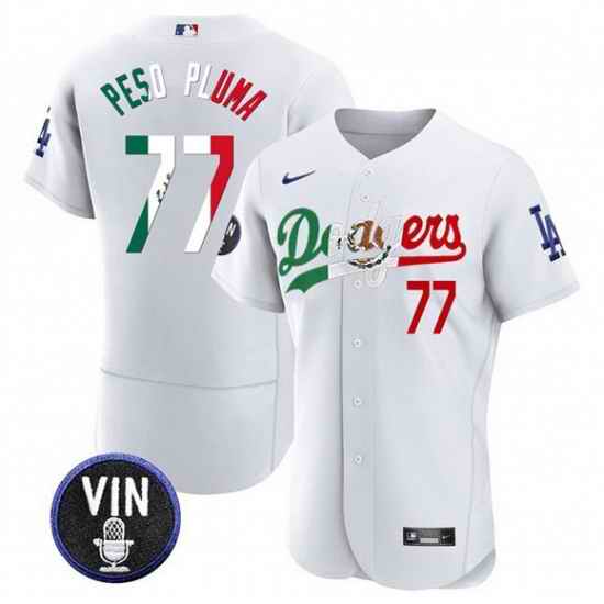 Men Los Angeles Dodgers 77 Pezo Pluma White Mexico Special Vin Scully Patch Flex Base Stitched Baseball Jersey