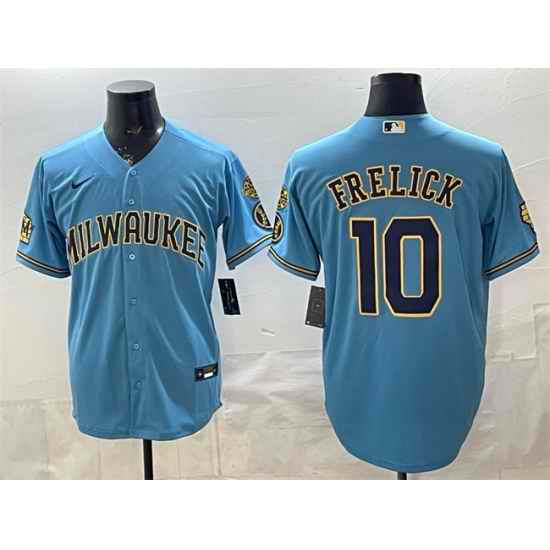 Men Milwaukee Brewers  10 Sal Frelick Blue With Home   Bob Uecker Patch Stitched Baseball Jersey