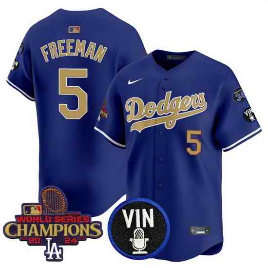 Men Los Angeles Dodgers 5 Freddie Freeman Royal Gold 2024 World Series Champions With Vin Scully  26 34 Fernando Patch Vapor Limited Stitched Baseball Jers