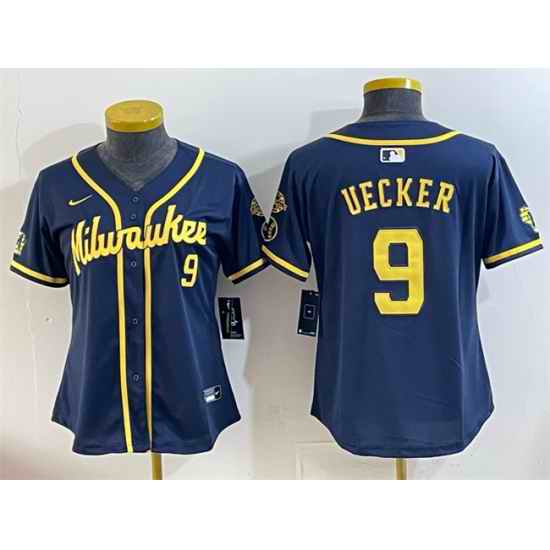 Women Milwaukee Brewers 9 Bob Uecker Navy With Home  26 Bob Uecker Patch Limited Stitched Jersey 28Run Small 29