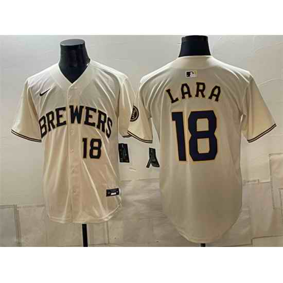 Men Milwaukee Brewers 18 Luis Lara Cream Stitched Baseball Jersey