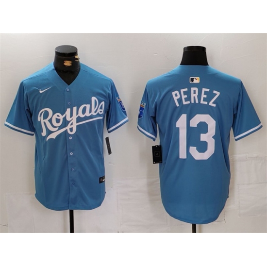 Men Kansas City Royals 13 Salvador Perez Light Blue Cool Base Stitched Jersey