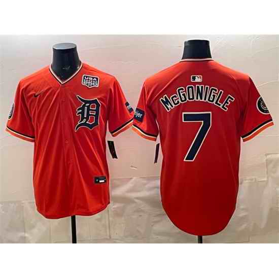 Men Detroit Tigers  7 Kevin McGonigle Orange 2026 Alternate With Meijer Patch   USA 250  Patch Vapor Premier Limited Stitched Baseball Jersey