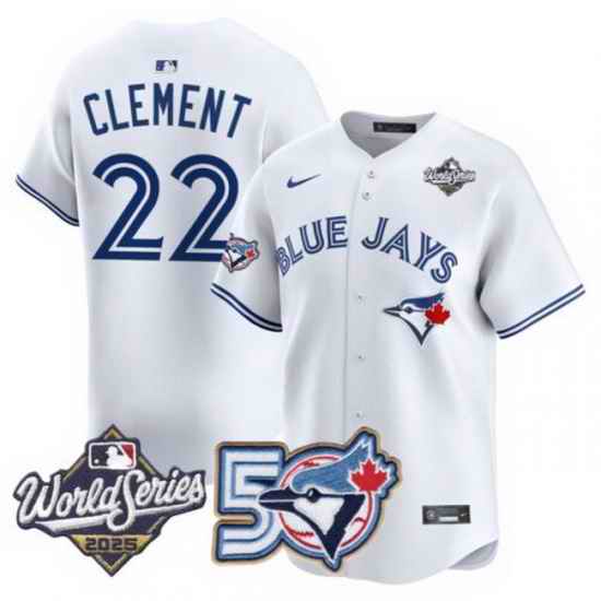 Men Women Youth Blue Jays 50th Patch 2025 World Series White 22 Clement Stitched Jersey