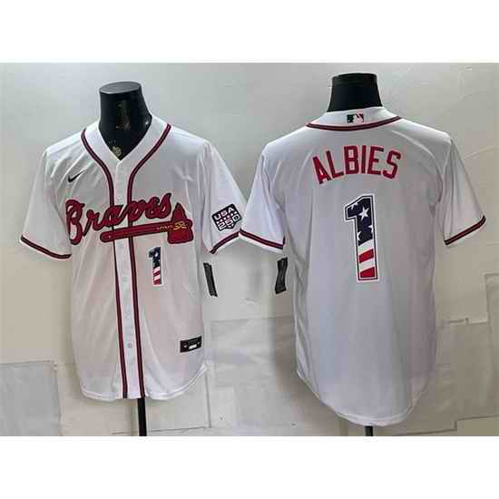 Men Atlanta Braves  1 Ozzie Albies White USA 250 Fourth of July Home Stadium Stitched Baseball Jersey