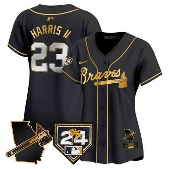 Women Atlanta Braves 23 Michael Harris II Black Gold 2024 Spring Training  26 Georgia Patch Vapor Limited Stitched Baseball Jersey