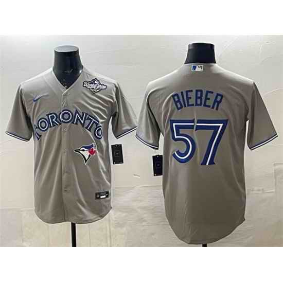Men Toronto Blue Jays 57 Shane Bieber Grey 2025 World Series Cool Base Stitched Baseball Jersey