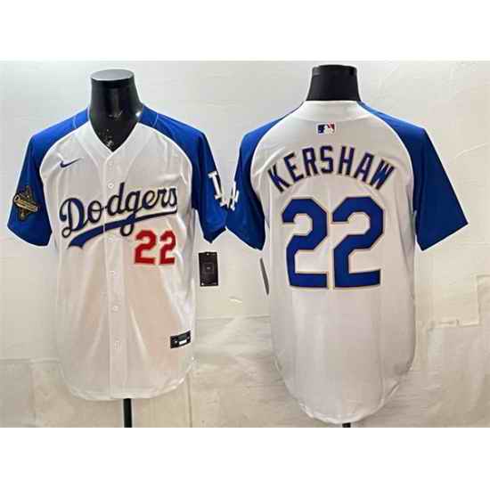 Men Los Angeles Dodgers 22 Clayton Kershaw White Royal 2025 World Series Champions Patch Limited Stitched Baseball Jersey