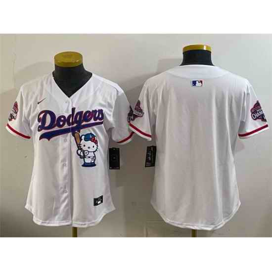 Women Los Angeles Dodgers Blank White Hello Kitty Night 2025 World Series Champions Patch Stitched Baseball Jersey