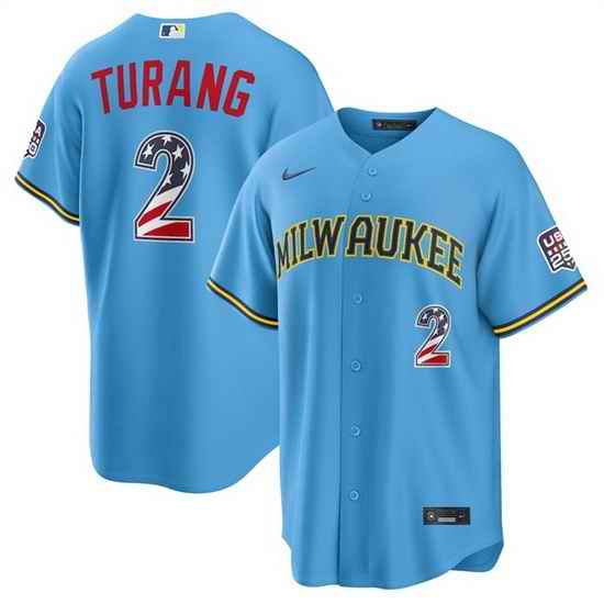 Men Milwaukee Brewers  2 Brice Turang Blue 2026 USA 250 Fourth of July Home Stadium Stitched Baseball Jersey