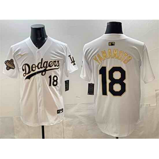 Men Los Angeles Dodgers 18 Yoshinobu Yamamoto White Gold 2025 World Series Champions Patch Limited Stitched Baseball Jersey