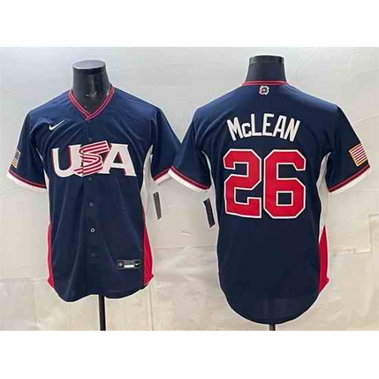 Men USA Baseball  26 Nolan McLean Navy 2026 World Baseball Classic Road Stadium Stitched Jersey