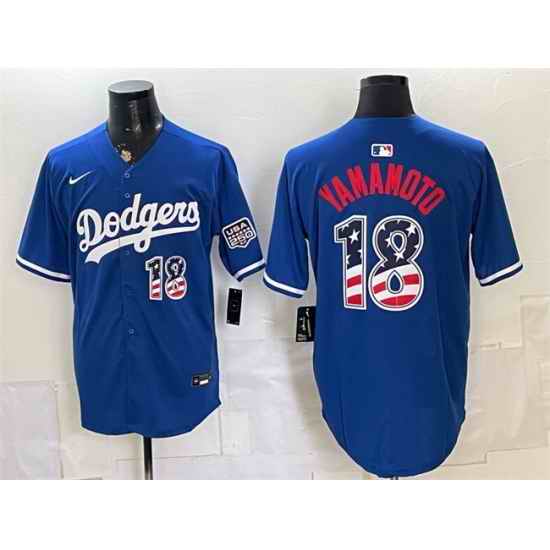 Men Los Angeles Dodgers  18 Yoshinobu Yamamoto Blue USA 250 Fourth of July Stitched Baseball Jersey