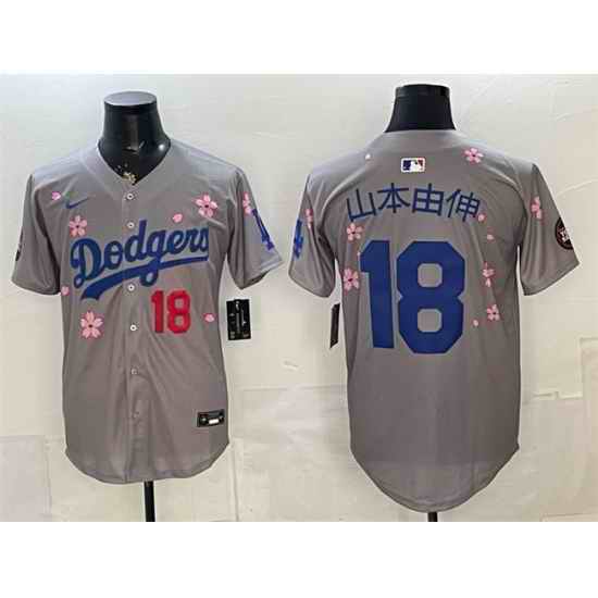 Men Los Angeles Dodgers  18 Yoshinobu Yamamoto Grey 2025 Tokyo Series Limited Stitched Baseball Jersey (2)