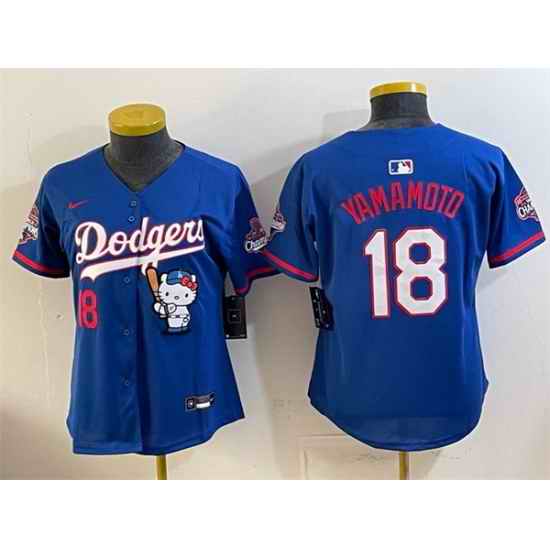 Women Los Angeles Dodgers  18 Yoshinobu Yamamoto Royal Hello Kitty Night 2025 World Series Champions Patch Stitched Baseball Jersey