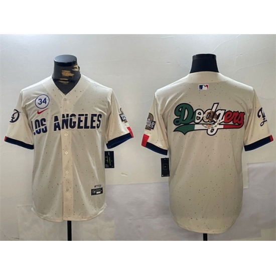 Men Los Angeles Dodgers Team Big Logo Cream 2024 World Series With No  34 Patch Limited Stitched Baseball Jersey