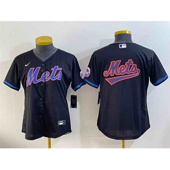 Youth New York Mets Team Big Logo Black Cool Base Stitched Baseball Jersey 1
