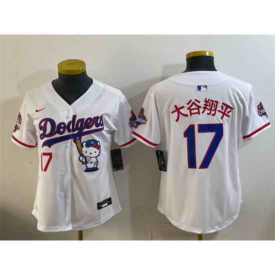 Women Los Angeles Dodgers  17 Shohei Ohtani White Hello Kitty Night 2025 World Series Champions Patch Stitched Baseball Jersey