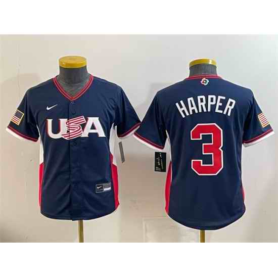Youth USA Baseball  3 Bryce Harper Navy 2026 World Baseball Classic Stadium Stitched Baseball Jersey