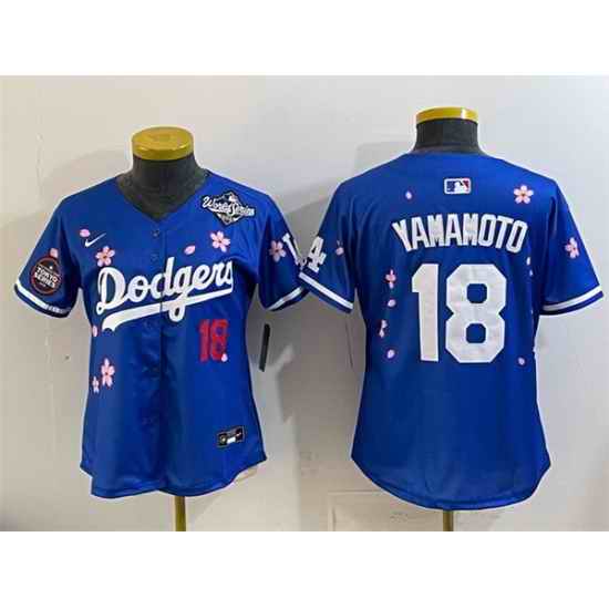Women Los Angeles Dodgers 18 Yoshinobu Yamamoto Royal 2025 World Series Patch Tokyo Series Limited Stitched Baseball Jersey