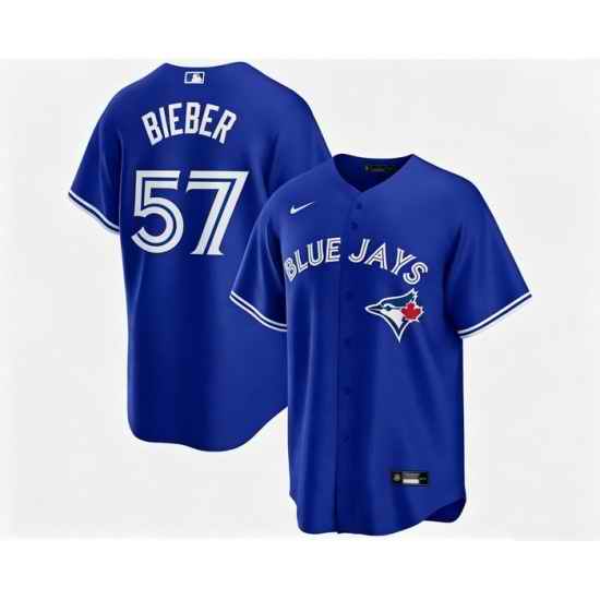 Men Toronto Blue Jays Shane Bieber 57 Blue Away Flex Base Stitched Baseball Jersey