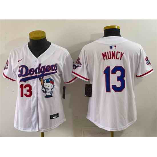 Women Los Angeles Dodgers  13 Max Muncy White Hello Kitty Night 2025 World Series Champions Patch Stitched Baseball Jersey