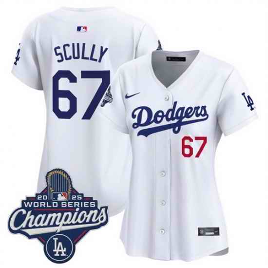 Women Los Angeles Dodgers 67 Vin Scully White 2025 World Series Champions Home Cool Base Stitched Baseball Jersey