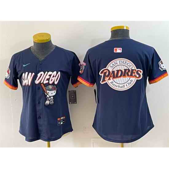 Women San Diego Padres X Hello Kitty Team Big Logo Obsidian 2026 City Connect Stadium Stitched Baseball Jersey Run Small