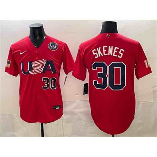 Men USA Baseball  30 Paul Skenes Red 2026 World Baseball Classic United States 250th Anniversary Patch Stadium Stitched Jersey