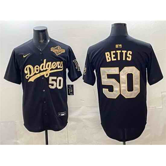 Men Los Angeles Dodgers 50 Mookie Betts Black Gold 2025 World Series Patch Limited Stitched Baseball Jersey