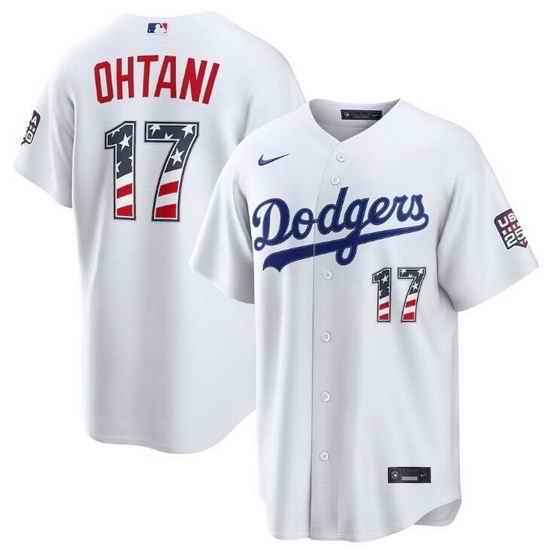 Men Los Angeles Dodgers  17 Shohei Ohtani White 250 Fourth of July Home Stadium Stitched Baseball Jersey