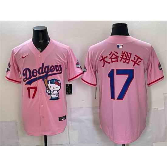 Men Los Angeles Dodgers  17 Shohei Ohtani Pink Hello Kitty Night 2025 World Series Champions Patch Stitched Baseball Jersey (2)