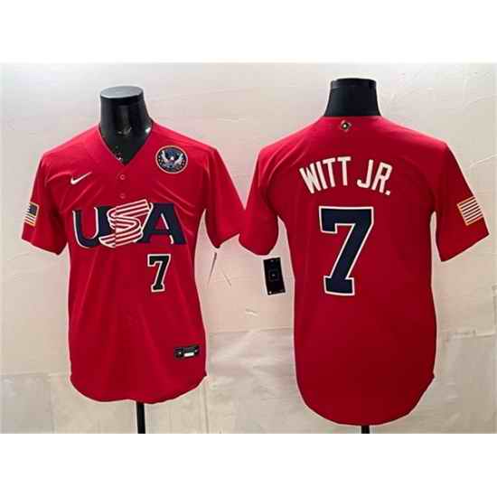 Men USA Baseball  7 Bobby Witt Jr  Red 2026 World Baseball Classic United States 250th Anniversary Patch Stadium Stitched Jersey