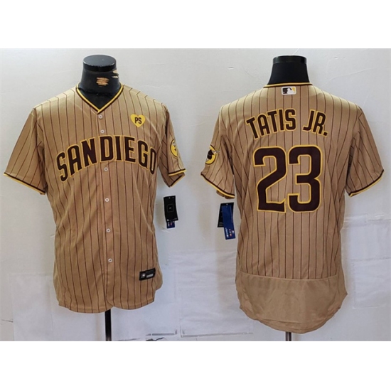 Men San Diego Padres 23 Fernando Tatis Jr  Tan With PS Patch Flex Base Stitched Baseball Jersey