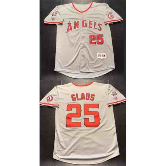 Men Los Angeles Angels  25 Troy Glaus Grey With 2002 World Series Patch Stitched Baseball Jersey