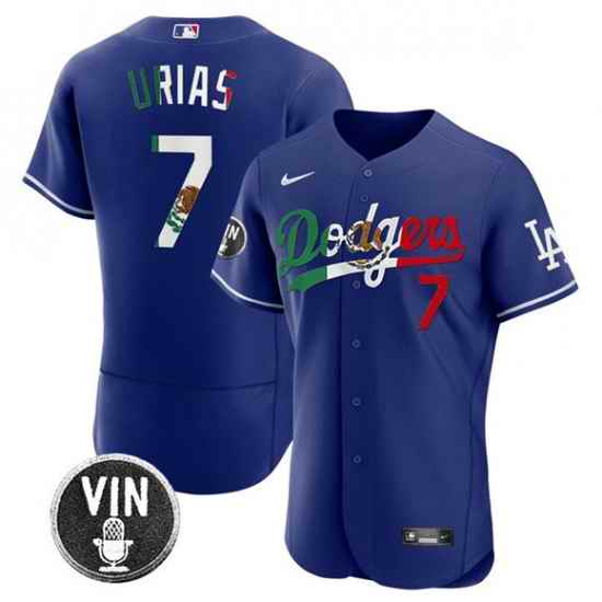 Men Los Angeles Dodgers 7 Julio Urias Royal Mexico Special Vin Scully Patch Flex Base Stitched Baseball Jersey