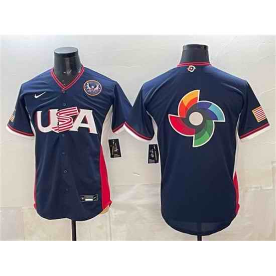 Men USA Baseball Team Big Logo Navy 2026 World Baseball Classic United States 250th Anniversary Patch Road Stadium Stitched Jersey