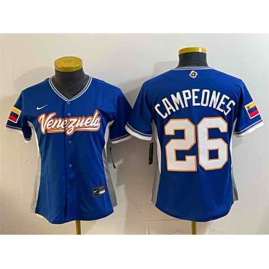 Women Venezuela Baseball  26 Campeones Royal 2026 World Baseball Classic Road Stadium Stitched Baseball Jersey Run Small