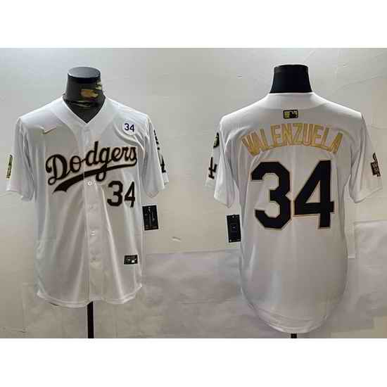 Men Los Angeles Dodgers 34 Toro Valenzuela White Gold 2024 World Series With Fernando Memorial Patch Limited Stitched Baseball Jersey 1