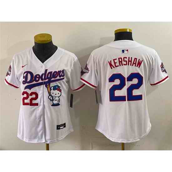 Women Los Angeles Dodgers  22 Clayton Kershaw White Hello Kitty Night 2025 World Series Champions Patch Stitched Baseball Jersey