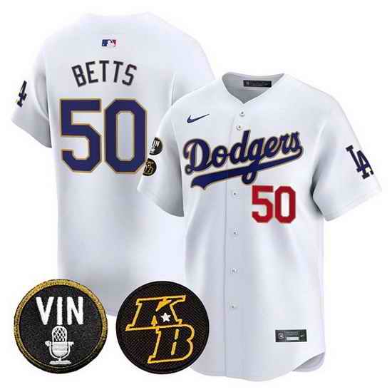 Men Los Angeles Dodgers  50 Mookie Betts White 2026 Vin   Kobe Patch Gold Trim Vapor Premier Limited Stitched Baseball Jersey
