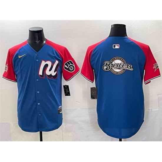 Men National League Milwaukee Brewers Team Big Logo Blue Red Alternate 2025 All Star Edition Limited Stitched Baseball Jersey