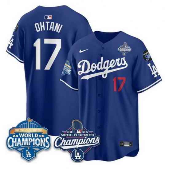 Men Los Angeles Dodgers 17 Shohei Ohtani Royal 2025 World Series Champions  26 Back to Back Champions With No 34 Patch Limited Stitched Baseball Jersey