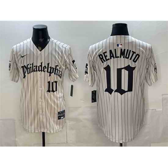 Men Philadelphia Phillies  10 J T  Realmuto Cream Pinstripe Gothic Vapor Limited Stitched Jersey