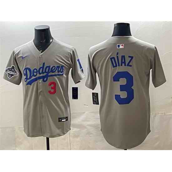 Men Los Angeles Dodgers 3 Edwin D EDaz Grey With 2025 World Series Champions Patch Limited Stitched Baseball Jersey