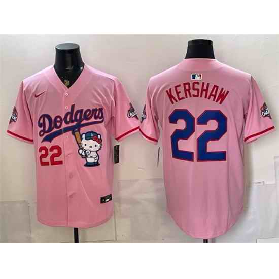 Men Los Angeles Dodgers  22 Clayton Kershaw Pink Hello Kitty Night 2025 World Series Champions Patch Stitched Baseball Jersey