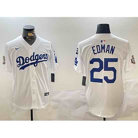 Men Los Angeles Dodgers 25 Tommy Edman White 2024 World Series With Fernando Memorial Patch Home Limited Stitched Baseball Jersey 1