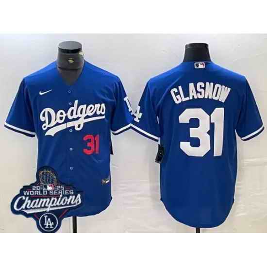Men Los Angeles Dodgers 31 Tyler Glasnow Cool Base 2025 World Champions Stitched Baseball Jersey Blue
