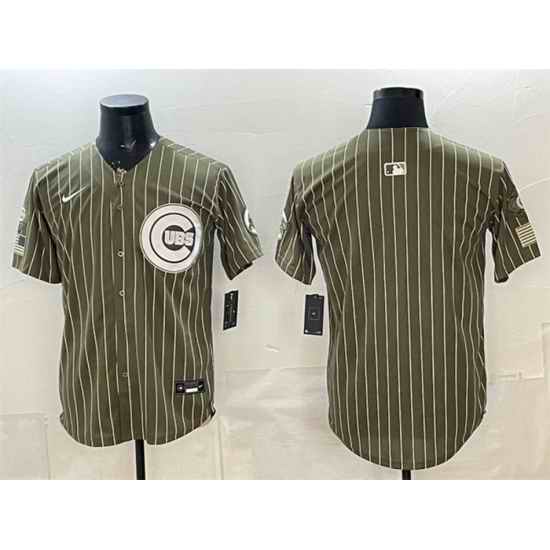 Men Chicago Cubs Blank Pinstripe Olive 2026 Armed Forces Day Salute To Service Stitched Baseball Jersey